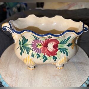 ANTIQUE FAIENCE JARDINIERE PLANTER HAND PAINTED ST CLEMENT FRANCE